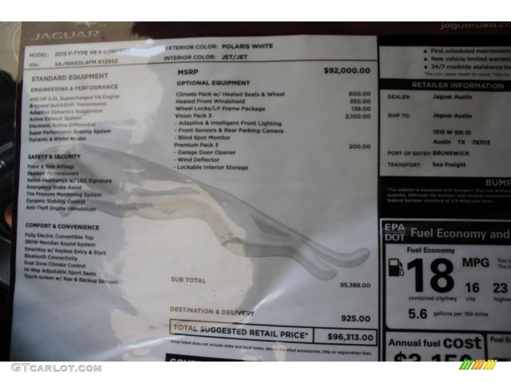 2015 Jaguar F-TYPE V8 S Convertible Window Sticker Photo #105581169
