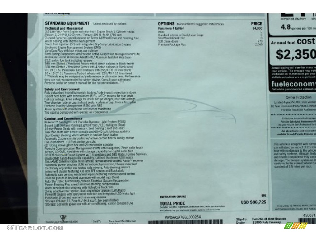 2016 Porsche Panamera 4 Edition Window Sticker Photo #105600513
