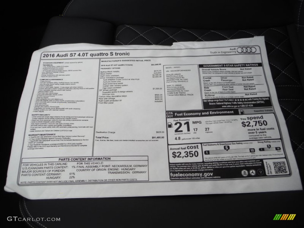 2016 Audi S7 4.0 TFSI quattro Window Sticker Photo #105601901