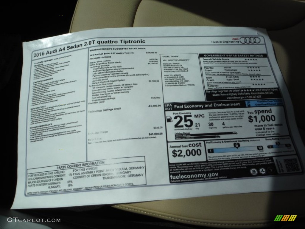 2016 Audi A4 2.0T Premium Plus quattro Window Sticker Photo #105622831