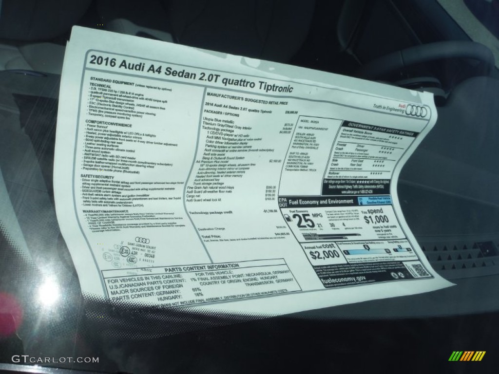 2016 Audi A4 2.0T Premium Plus quattro Window Sticker Photo #105623545
