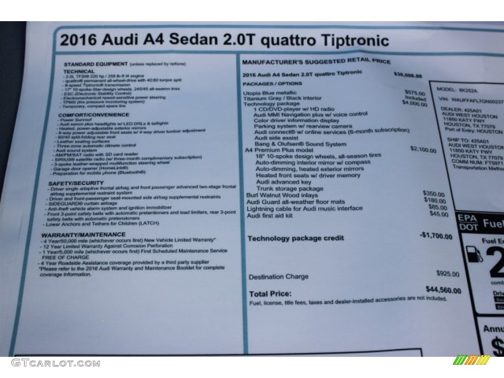 2016 Audi A4 2.0T Premium Plus quattro Window Sticker Photo #105674841