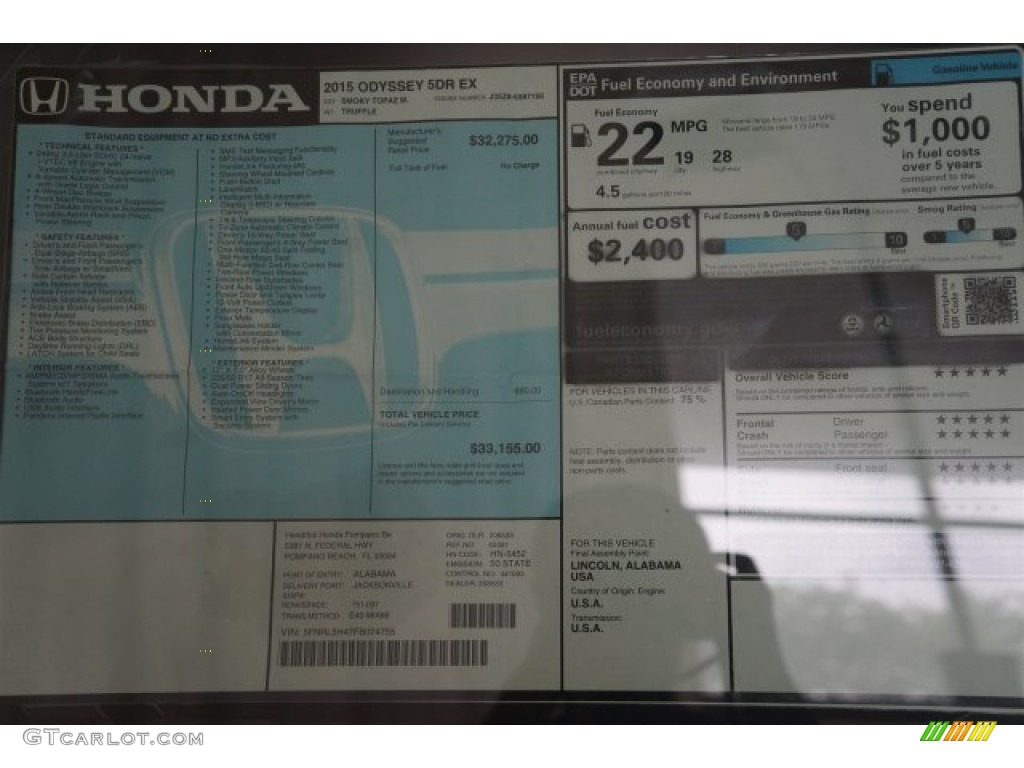 2015 Honda Odyssey EX Window Sticker Photo #105675105