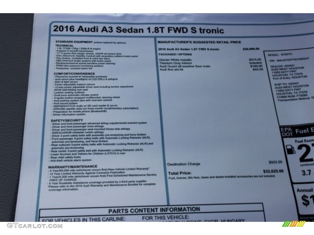 2016 Audi A3 1.8 Premium Window Sticker Photo #105677654