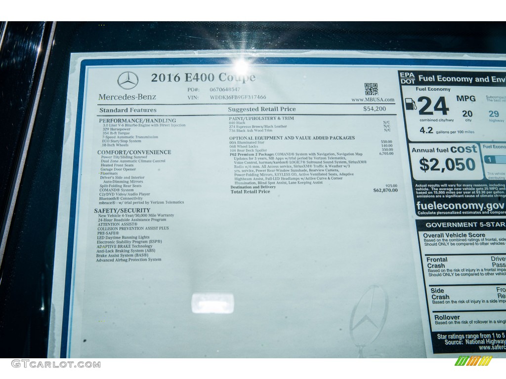 2016 Mercedes-Benz E 400 Coupe Window Sticker Photo #105677861
