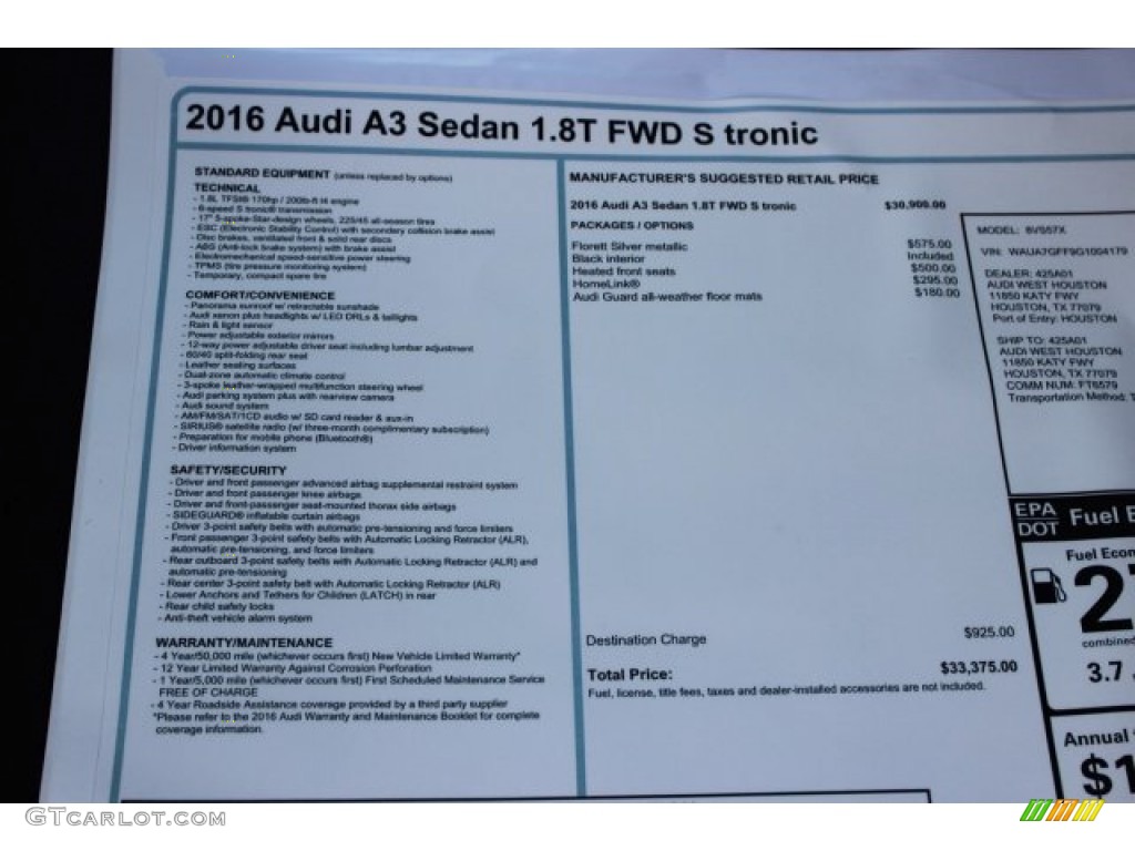 2016 Audi A3 1.8 Premium Window Sticker Photo #105678302