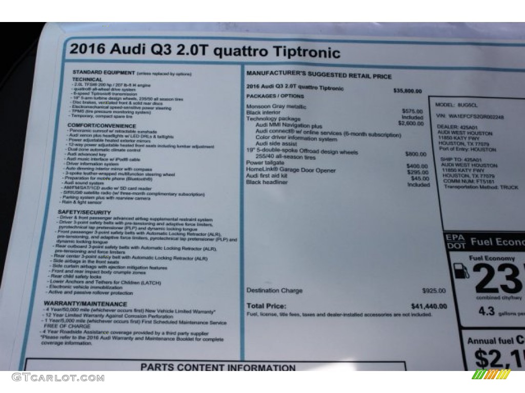 2016 Audi Q3 2.0 TSFI Premium Plus quattro Window Sticker Photo #105698105