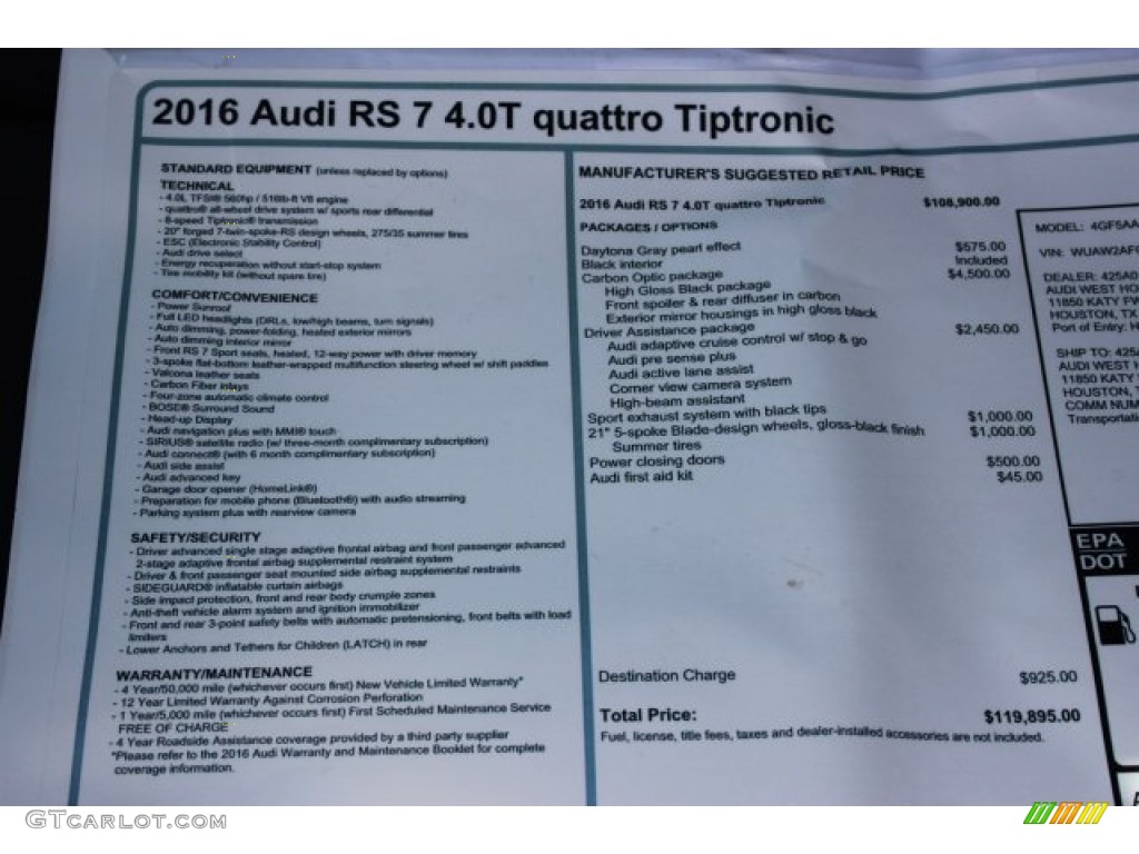 2016 Audi RS 7 4.0 TFSI quattro Window Sticker Photo #105728864