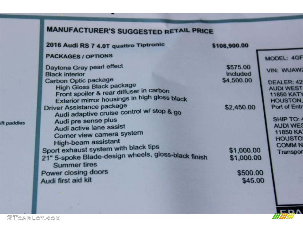 2016 Audi RS 7 4.0 TFSI quattro Window Sticker Photo #105728886