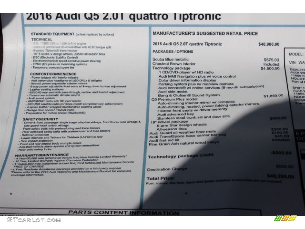 2016 Audi Q5 2.0 TFSI Premium Plus quattro Window Sticker Photo #105774038
