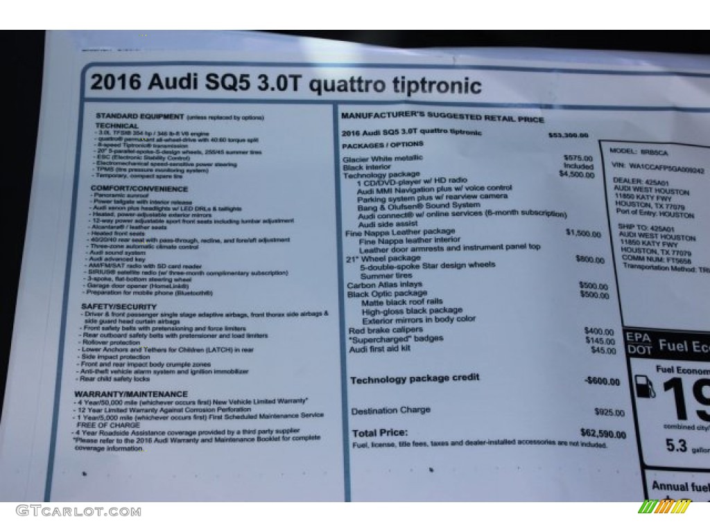 2016 Audi SQ5 Premium Plus 3.0 TFSI quattro Window Sticker Photo #105775913