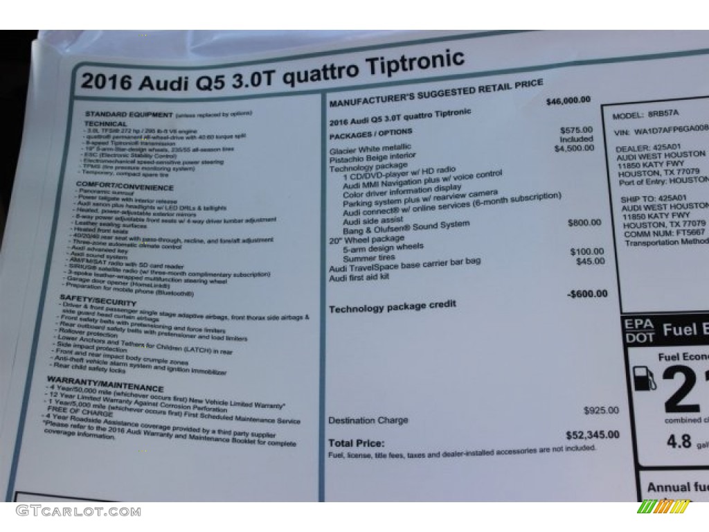 2016 Audi Q5 3.0 TFSI Premium Plus quattro Window Sticker Photo #105776882