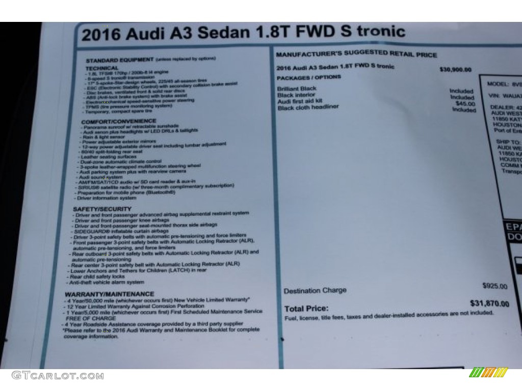 2016 Audi A3 1.8 Premium Window Sticker Photo #105777997