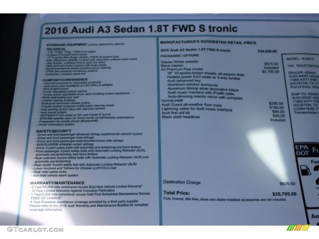 2016 Audi A3 1.8 Premium Plus Window Sticker Photo #105778367