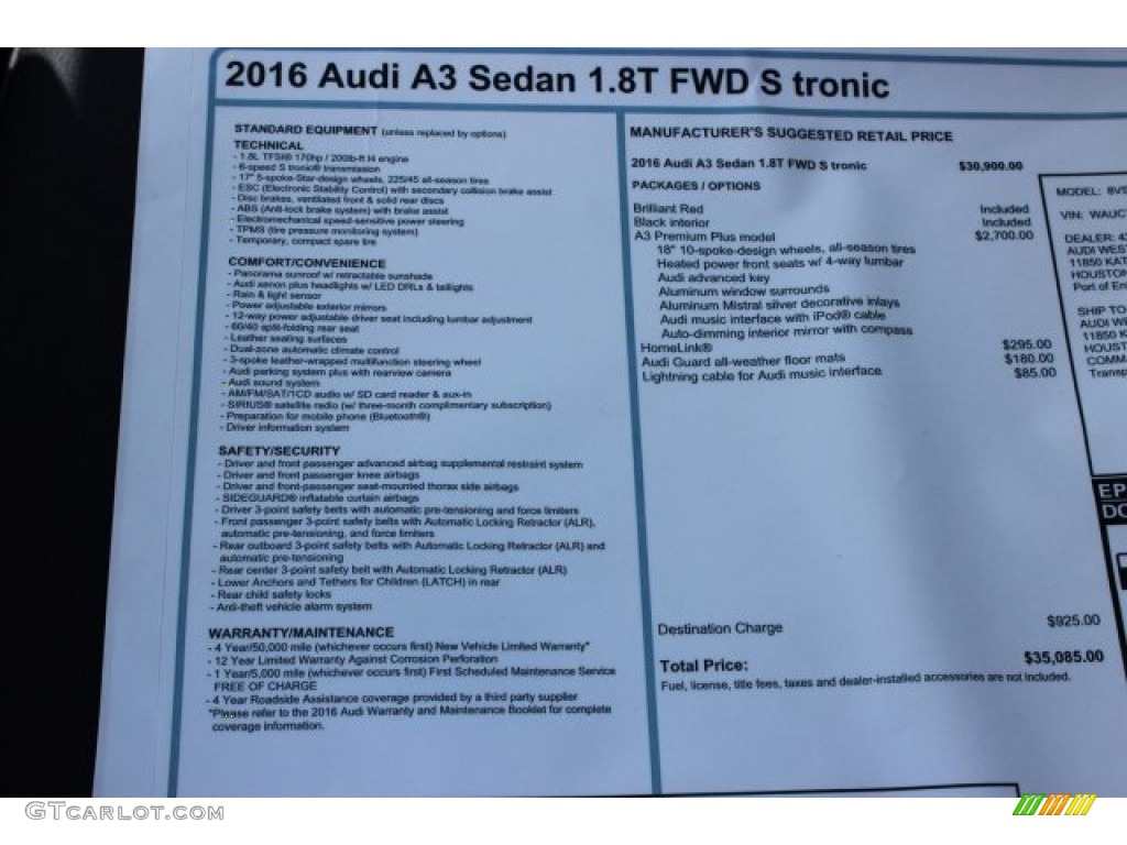 2016 Audi A3 1.8 Premium Plus Window Sticker Photo #105778706