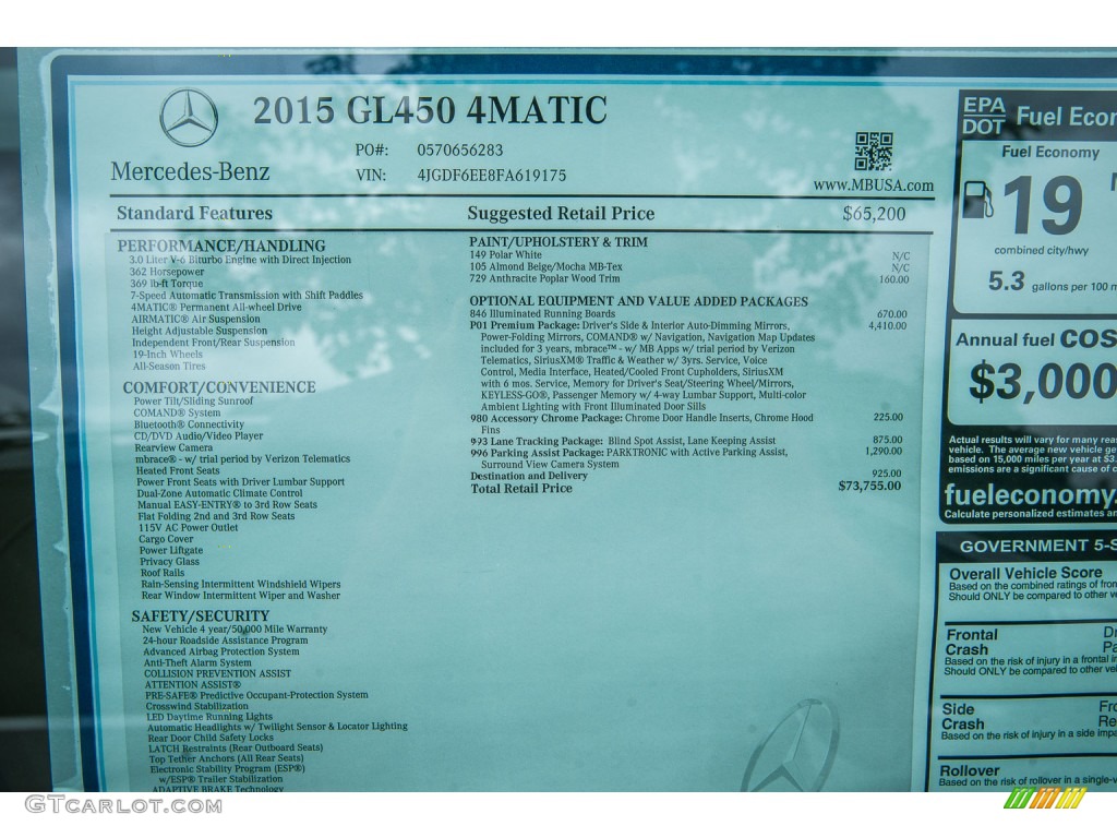 2015 Mercedes-Benz GL 450 4Matic Window Sticker Photo #105780936