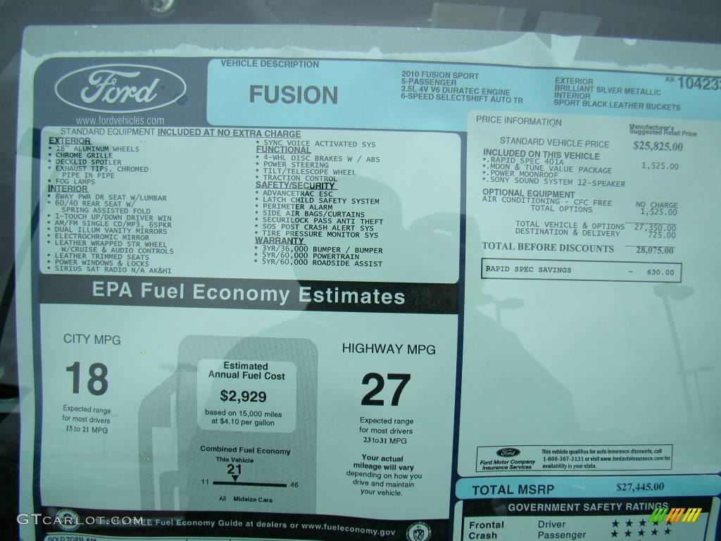 2010 Fusion Sport - Brilliant Silver Metallic / Charcoal Black/Sport Black photo #16