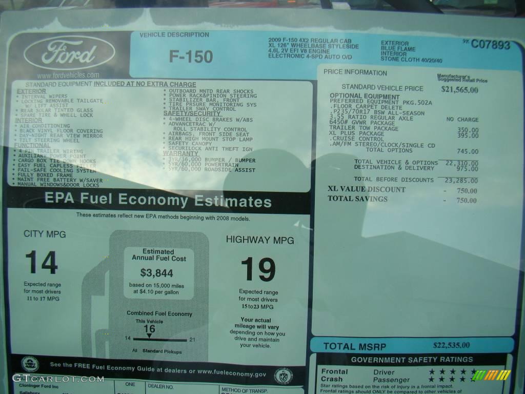 2009 Ford F150 XL Regular Cab Window Sticker Photos