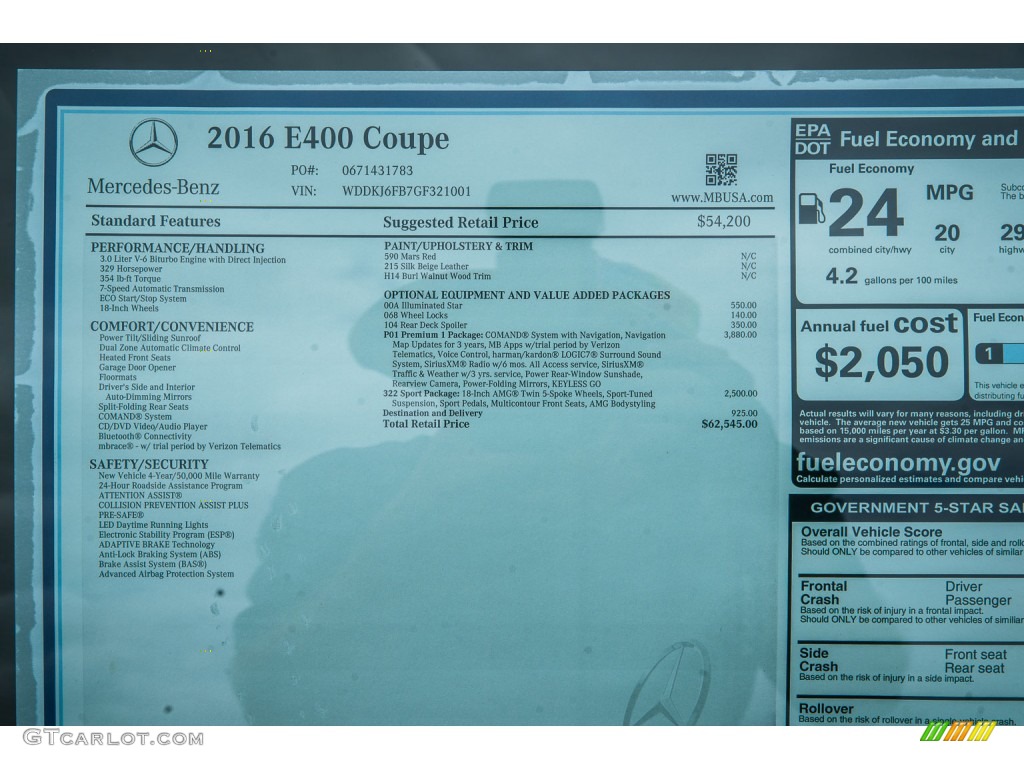 2016 Mercedes-Benz E 400 Coupe Window Sticker Photo #105816303