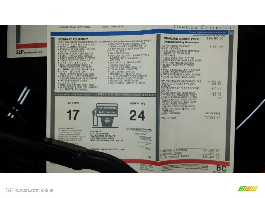 1999 Chevrolet Camaro Z28 SS Coupe Window Sticker Photo #105818035
