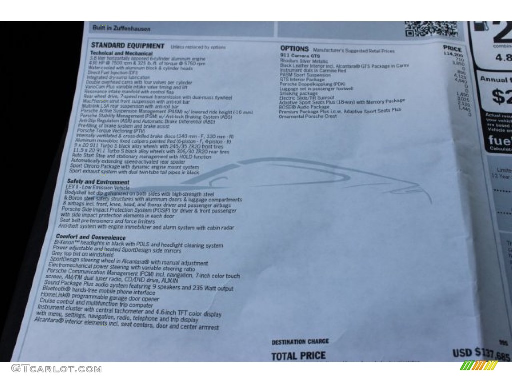 2016 Porsche 911 Carrera GTS Coupe Window Sticker Photo #105836753