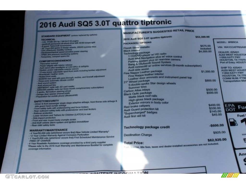 2016 Audi SQ5 Premium Plus 3.0 TFSI quattro Window Sticker Photo #105840961