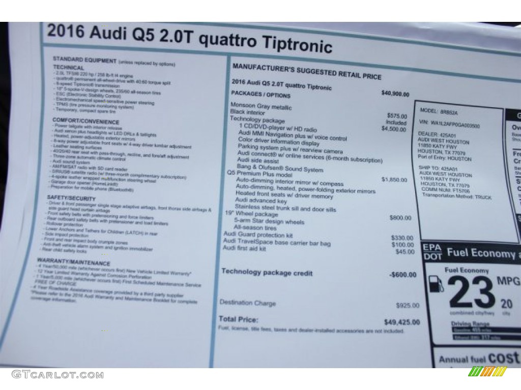 2016 Audi Q5 2.0 TFSI Premium quattro Window Sticker Photo #105841720