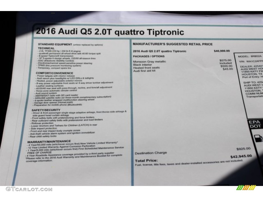 2016 Audi Q5 2.0 TFSI Premium quattro Window Sticker Photo #105842470