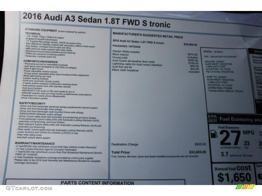 2016 Audi A3 1.8 Premium Window Sticker Photo #105843589