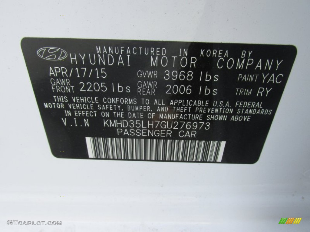 2016 Elantra GT Color Code YAC for Ceramic White Photo #105883929