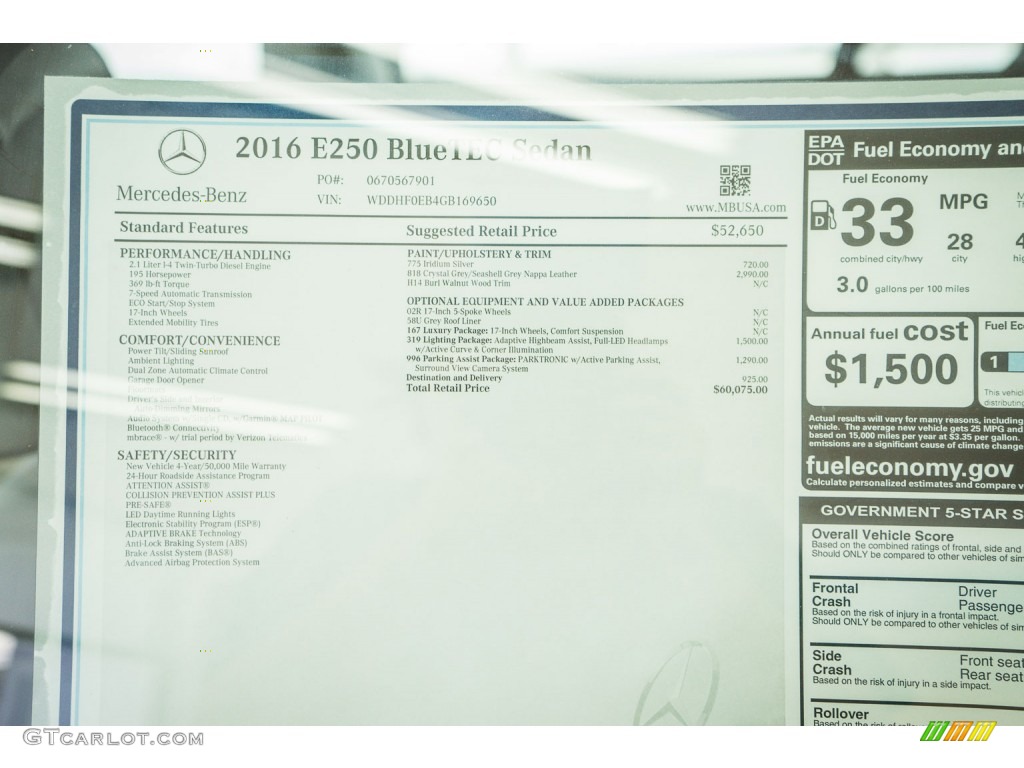 2016 Mercedes-Benz E 250 Bluetec Sedan Window Sticker Photo #105902666