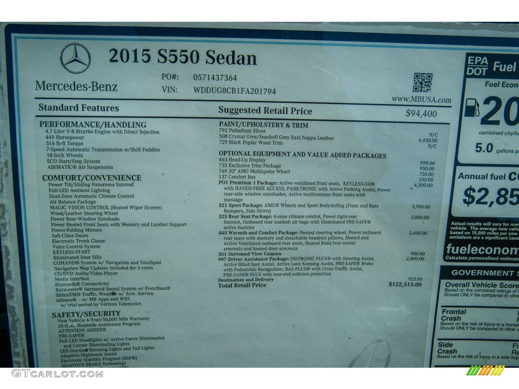 2015 Mercedes-Benz S 550 Sedan Window Sticker Photo #105966981