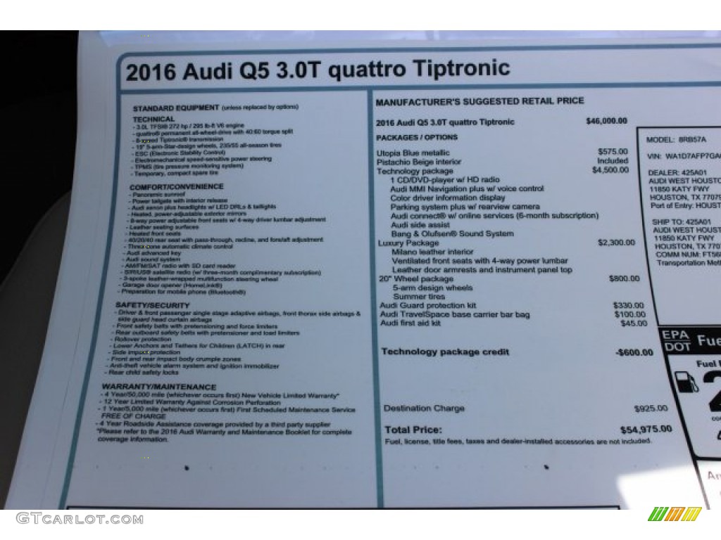 2016 Audi Q5 3.0 TFSI Premium Plus quattro Window Sticker Photo #105981153
