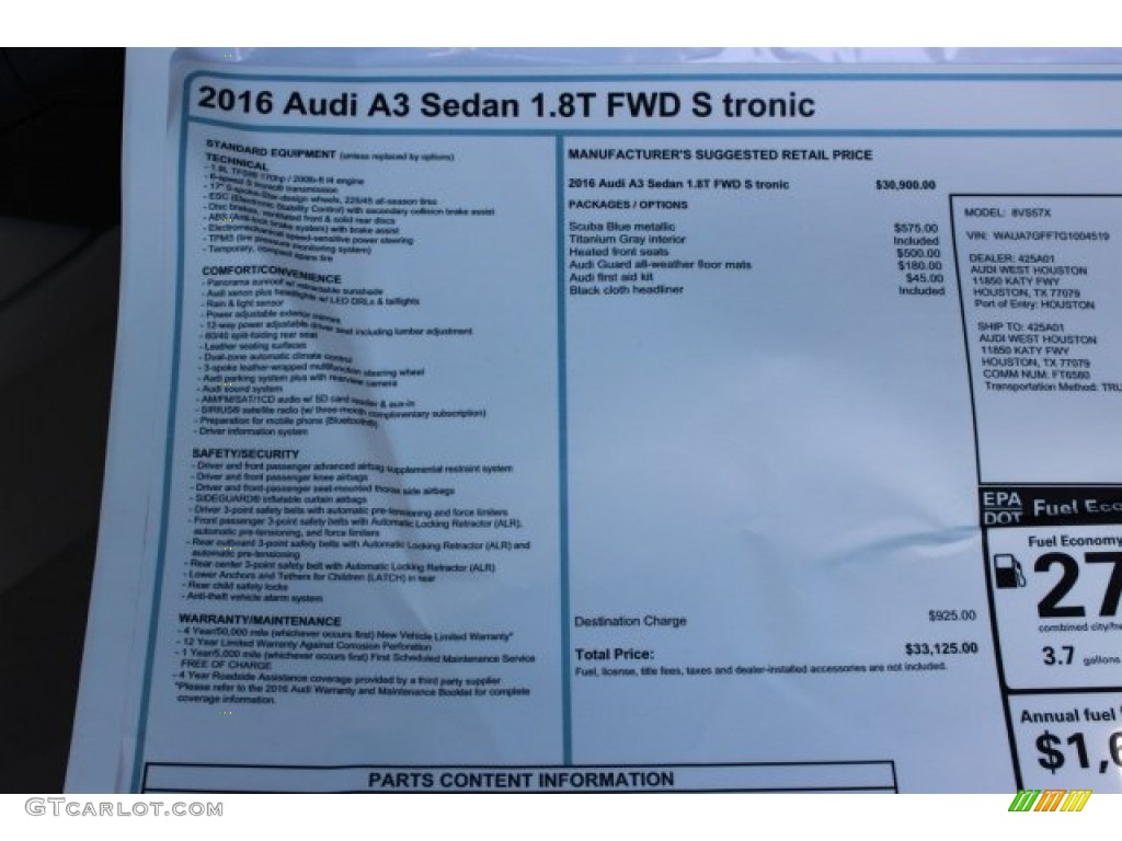 2016 Audi A3 1.8 Premium Window Sticker Photo #105982731