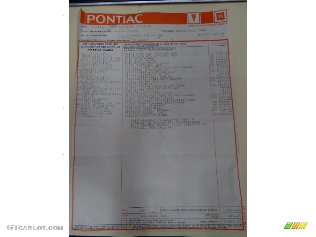 1980 Pontiac Firebird Trans Am Window Sticker Photo #105984033