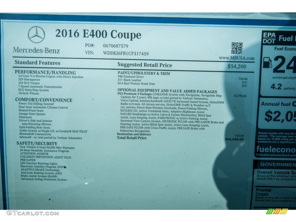 2016 Mercedes-Benz E 400 Coupe Window Sticker Photo #106039213