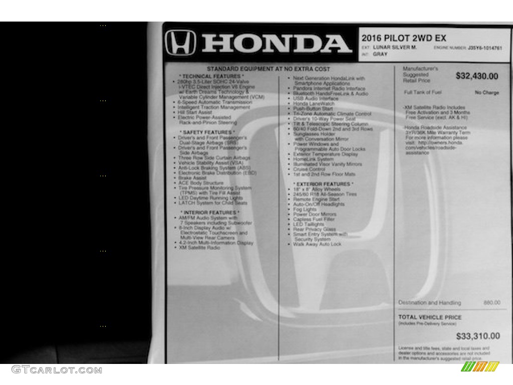 2016 Honda Pilot EX Window Sticker Photos