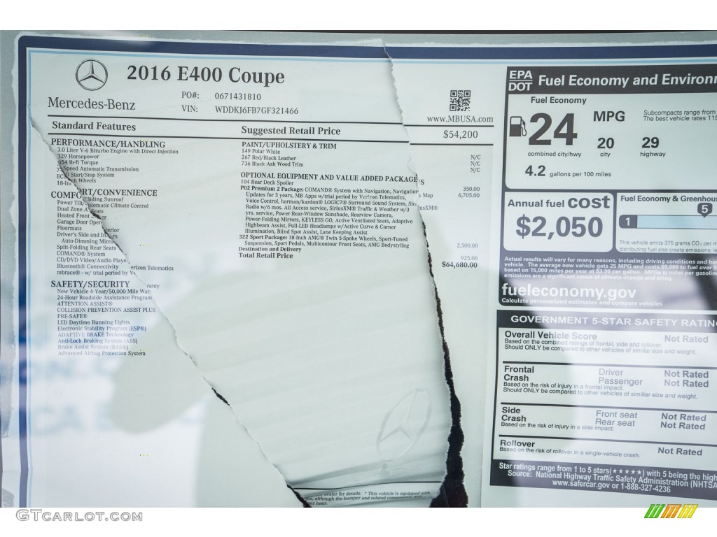 2016 Mercedes-Benz E 400 Coupe Window Sticker Photo #106103674
