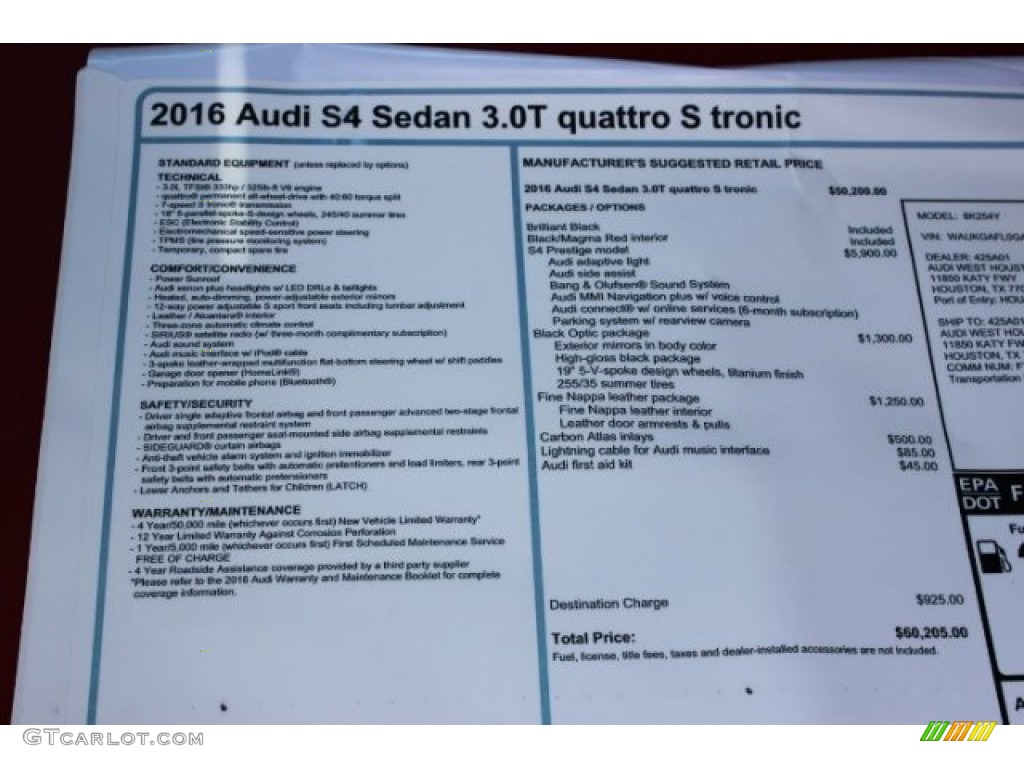2016 Audi S4 Prestige 3.0 TFSI quattro Window Sticker Photo #106120306