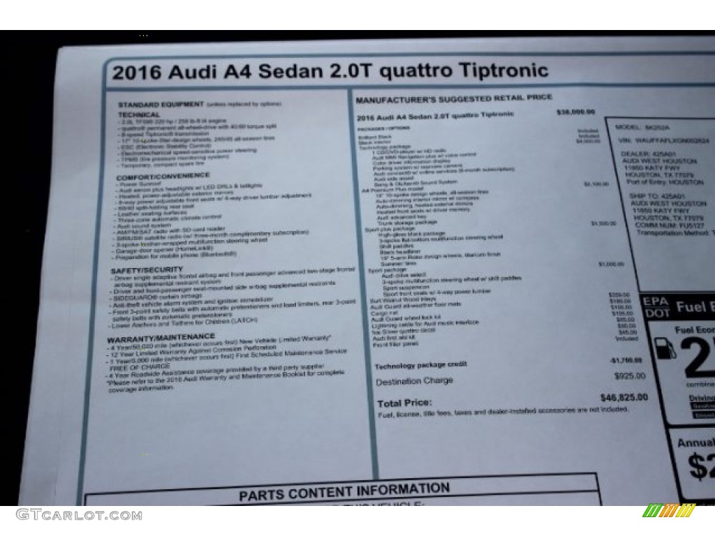 2016 Audi A4 2.0T Premium Plus quattro Window Sticker Photo #106145371