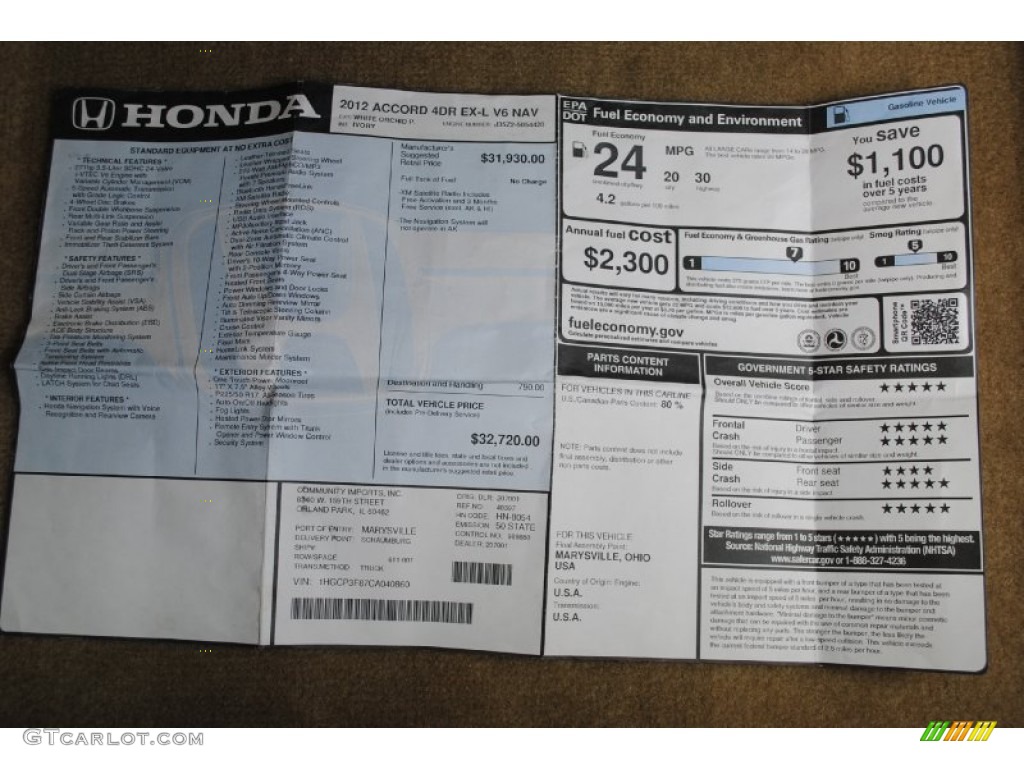 2012 Accord EX-L V6 Sedan - White Orchid Pearl / Ivory photo #33