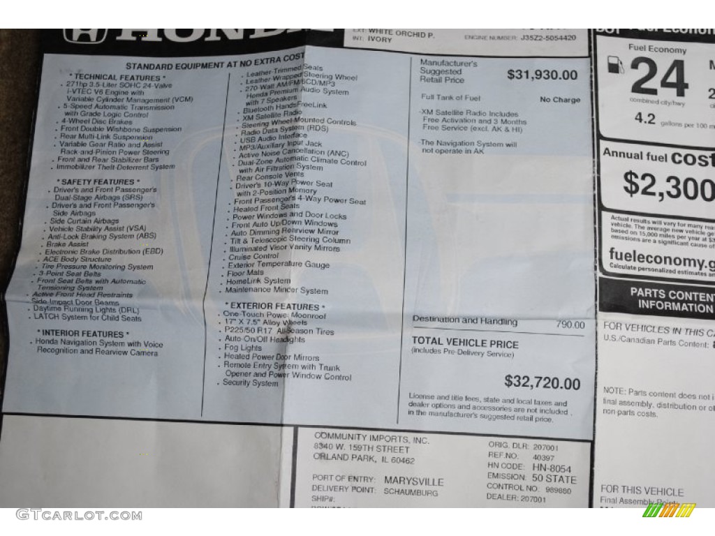 2012 Accord EX-L V6 Sedan - White Orchid Pearl / Ivory photo #34