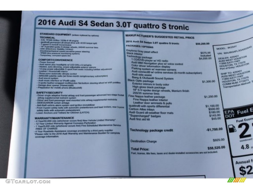 2016 Audi S4 Premium Plus 3.0 TFSI quattro Window Sticker Photo #106167323