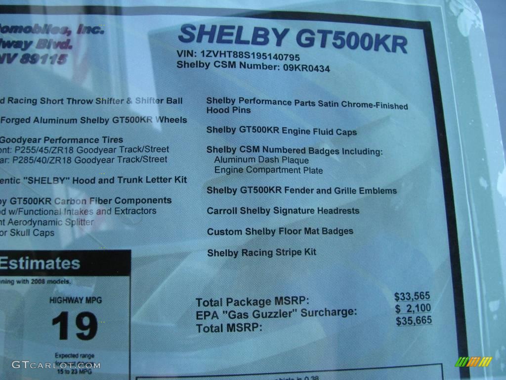 2009 Ford Mustang Shelby GT500KR Coupe Window Sticker Photo #10617411