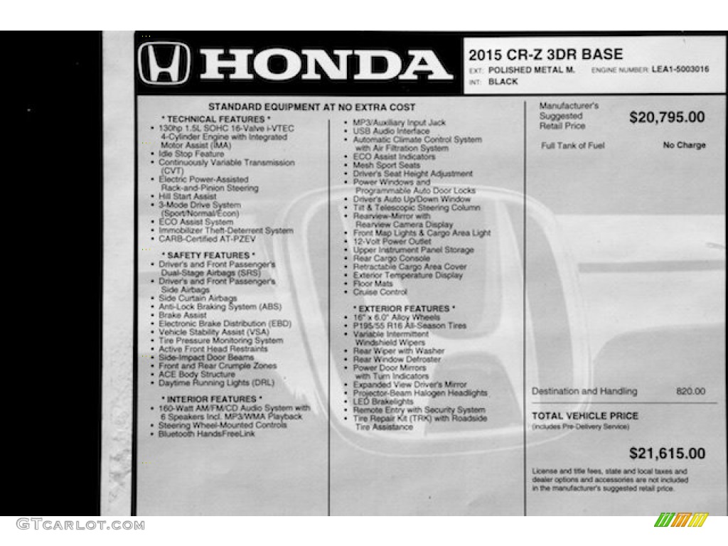 2015 Honda CR-Z Standard CR-Z Model Window Sticker Photos