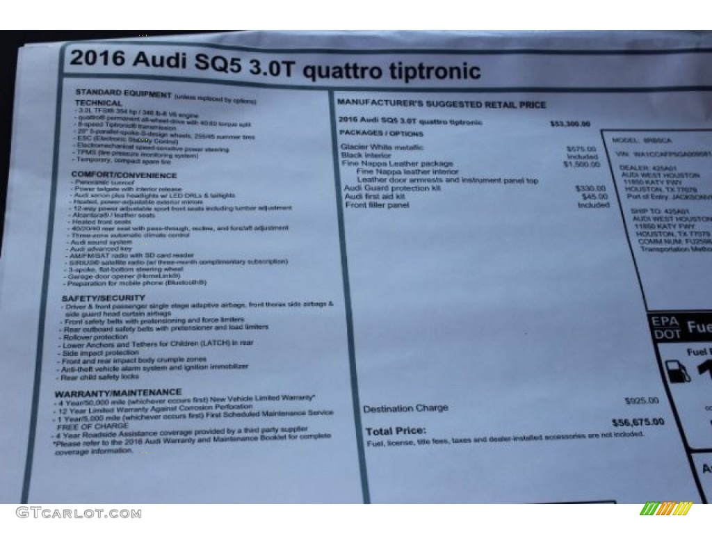 2016 Audi SQ5 Premium Plus 3.0 TFSI quattro Window Sticker Photo #106222549