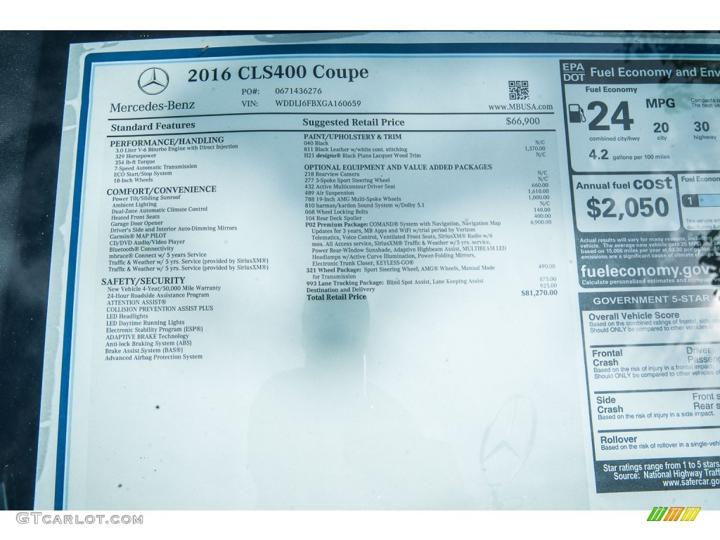 2016 Mercedes-Benz CLS 400 Coupe Window Sticker Photo #106228369