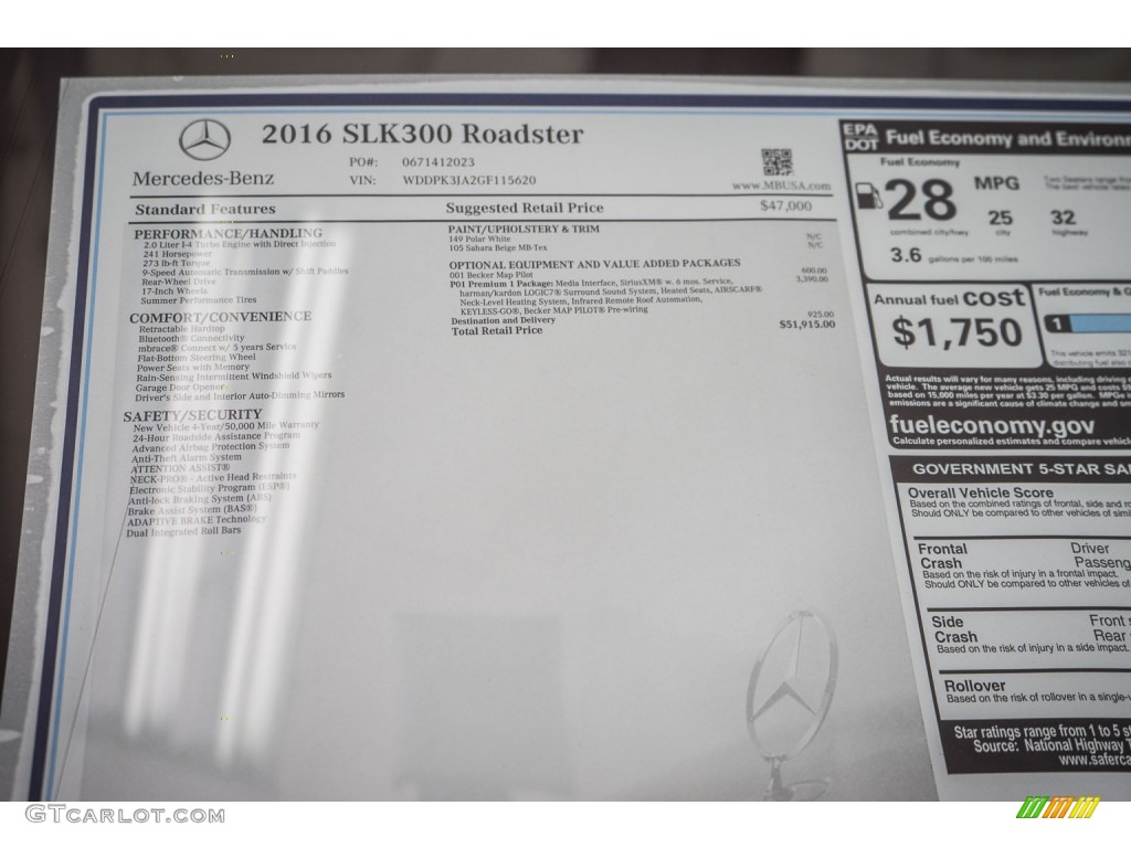 2016 Mercedes-Benz SLK 300 Roadster Window Sticker Photo #106233001