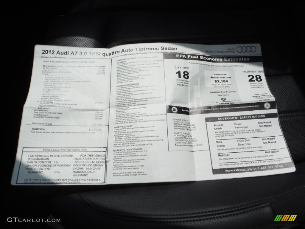 2012 Audi A7 3.0T quattro Prestige Window Sticker Photo #106269506