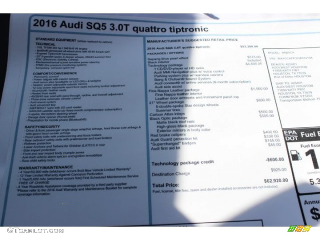 2016 Audi SQ5 Premium Plus 3.0 TFSI quattro Window Sticker Photo #106272161